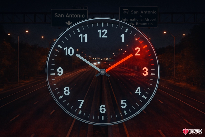 When Do Most Alcohol-Related Collisions Occur in Bexar County?. A large analog clock showing 2:10 is superimposed over a dark, empty highway at night. Overhead, green road signs indicate directions to San Antonio and the International Airport, hinting at crash origins. The Trevino Injury Law firm logo appears in the bottom right corner.