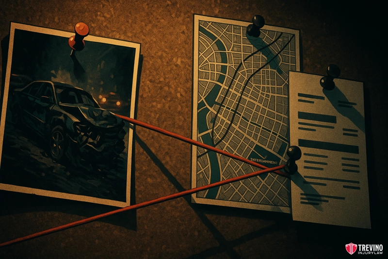 What Police Reports and Evidence Prove a Bar Served an Intoxicated Driver?. A bulletin board displays a photo of a wrecked car, a city map of San Antonio marked "Interrapment," and a document with blacked-out lines. Red strings connect clues, hinting at an investigation into crash origins or alcohol-related crashes.
