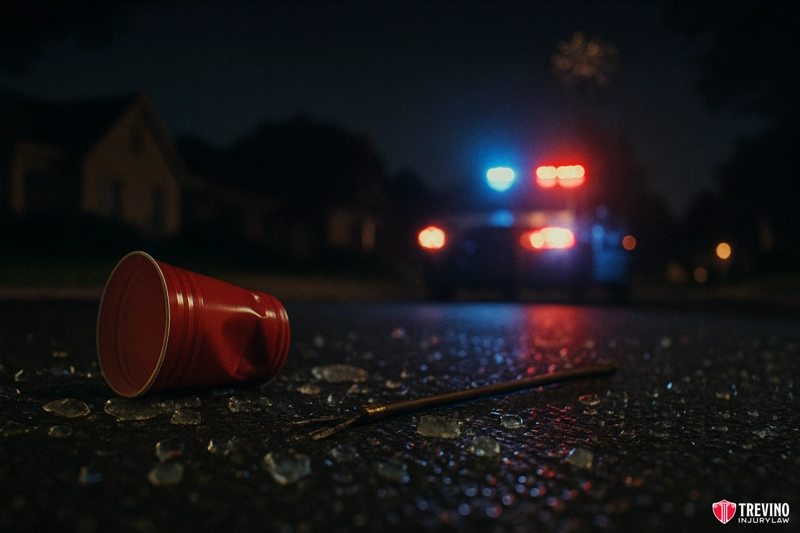 Are Holiday Weekends More Dangerous for Car Travel?. A red plastic cup, broken glass, and a drinking straw lie scattered on a wet street at night—evidence of drunk driving in San Antonio—illuminated by the flashing lights of a police car, with suburban houses and faint fireworks in the distance.