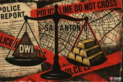How Does the Criminal DWI Case Affect My Civil Injury Claim?. A balance scale sits over police reports and red "POLICE LINE DO NOT CROSS" tape. One side holds a metal weight labeled "DWI," while gold bars rest on the other, highlighting alcohol-related crashes in San Antonio with a faint city map in the background.