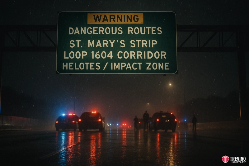 Which City Districts Have the Highest Concentration of Drunk Driving Accidents?. A large green highway sign near San Antonio warns of “Dangerous Routes: St. Mary’s Strip, Loop 1604 Corridor, Helotes/Impact Zone.” Police cars with flashing lights halt traffic on the rainy, dark road—scenes often linked to alcohol-related crashes.