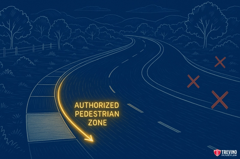 An illustration of a curved road at night in San Antonio shows a glowing yellow path labeled "AUTHORIZED PEDESTRIAN ZONE" leading to a crosswalk. Red X marks indicate unsafe crossing areas elsewhere, highlighting risks a Slip and Fall Lawyer may address.