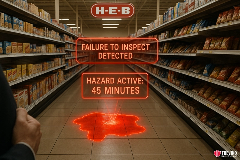 A supermarket aisle in San Antonio displays shelves of chips. A glowing red spill on the floor is marked by digital signs warning “FAILURE TO INSPECT DETECTED.” The H-E-B sign and Trevino Injury Law, Slip and Fall Lawyer, logos are visible.