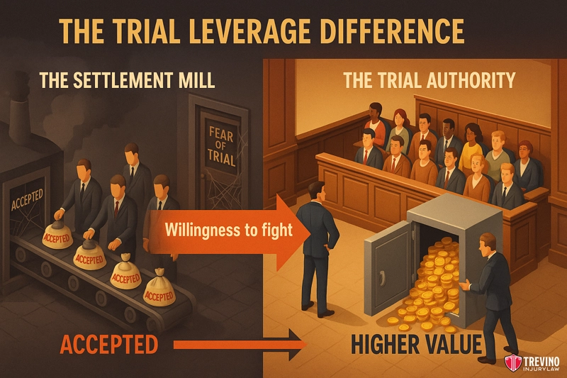 Illustration comparing “The Settlement Mill” with “The Trial Authority.” On the left, sacks marked "Accepted" go into a machine labeled "Fear of Trial." On the right, a jury and a San Antonio Slip and Fall Lawyer oversee gold coins marked "Higher Value.