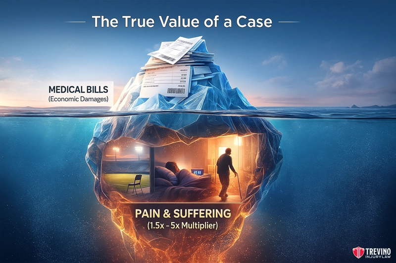 A large iceberg floats in water. Above the surface are stacks of medical bills labeled "Medical Bills (Economic Damages)." Below, a man sits alone in a dim room, labeled "Pain & Suffering (1.5x–5x Multiplier)." A San Antonio slip and fall lawyer reveals "The True Value of a Case.