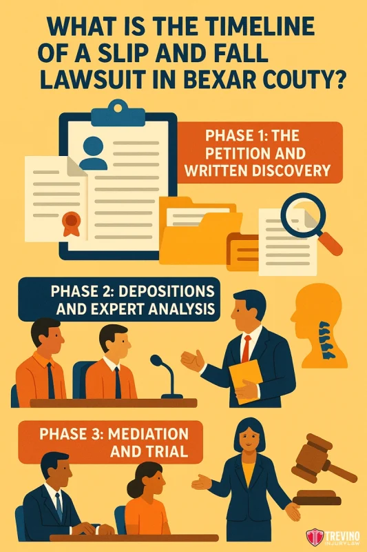 Infographic showing the timeline of a slip and fall lawsuit in Bexar County with a San Antonio Slip and Fall Lawyer: petition and discovery, depositions and expert analysis, then mediation and trial, each phase illustrated with relevant visuals.