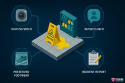 An illustration shows a spilled liquid with a yellow caution sign. Connected icons highlight steps in documenting a slip-and-fall accident—key info for your San Antonio Slip and Fall Lawyer.