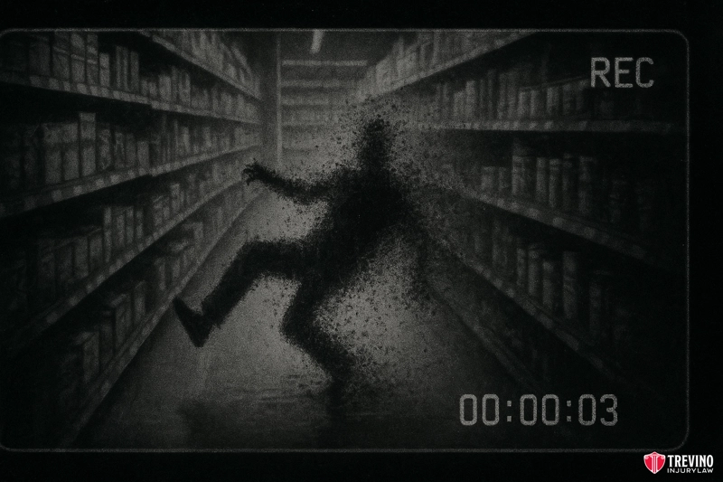 A grainy, black-and-white surveillance camera image shows a shadowy human figure disintegrating in the middle of a San Antonio grocery store aisle. The REC indicator is on, and shelves line both sides, creating an eerie scene reminiscent of a Slip and Fall Lawyer case.