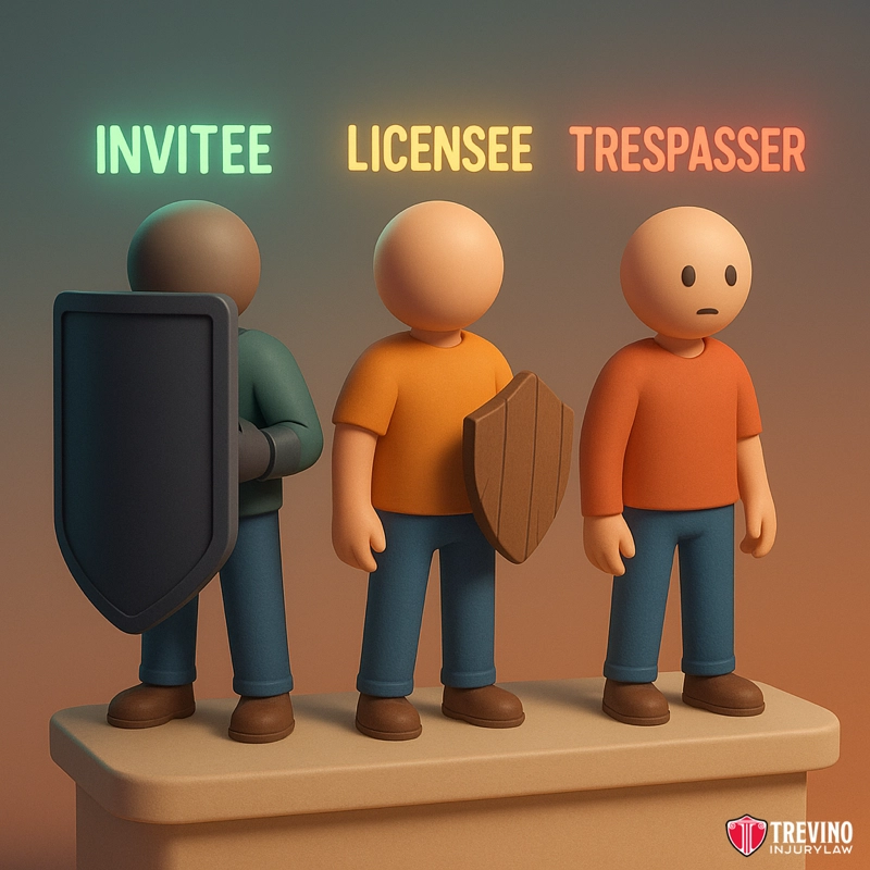 Why Is "Invitee" Status Critical for a San Antonio Slip and Fall Involving Potential Hazards?. Three cartoon figures stand side by side, labeled "Invitee," "Licensee," and "Trespasser." The invitee holds a large shield of liability, the licensee a small one, while the trespasser looks worried. Perfect for explaining San Antonio slip and fall accident cases.