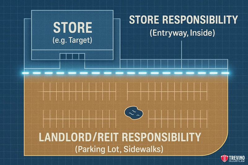 Who Is Liable for a Fall Accident in San Antonio Parking Lots and Sidewalks?. Diagram illustrating liability in San Antonio: the store (e.g., Target) is responsible for the entryway and inside, while the landlord/REIT handles parking lot and sidewalk areas, which could impact slip and fall cases.