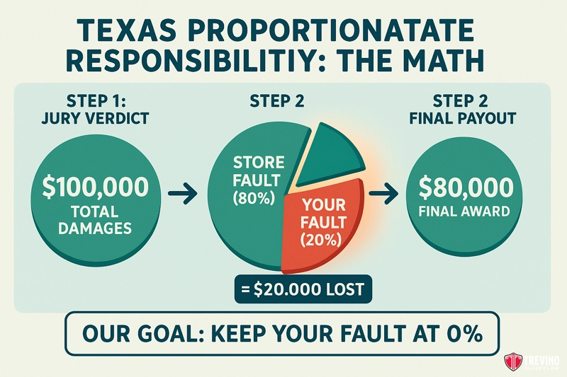 How "Proportionate Responsibility" Affects Lost Income and the Compensation You Deserve. Infographic explains Texas proportionate responsibility in slip and fall cases: Step 1, $100,000 damages; Step 2's pie chart shows store liability at 80% and your fault at 20%—$20,000 lost; Step 3, $80,000 final award. San Antonio tip: Keep your fault at 0%.