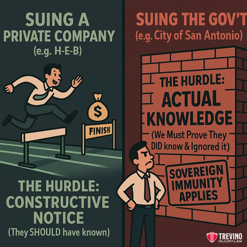 Can a Slip and Fall Accident Lawyer Help You Sue the City in This Unique Situation?. A split image compares hurdles in lawsuits: left shows a man easily jumping "constructive notice" to sue a private company for slip and fall liability San Antonio; right shows a worried man facing "actual knowledge" and "sovereign immunity" to sue the government. Trevino Injury Law logo is at the bottom.