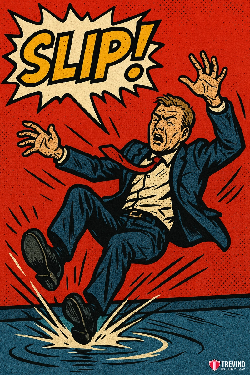 slip and fall accident, san antonio. A comic-style illustration shows a man in a suit and tie slipping on a wet floor—his shocked expression captures the chaos of a slip and fall accident. Bold “SLIP!” text pops above him. In the corner, the Trevino Injury Law San Antonio logo appears.