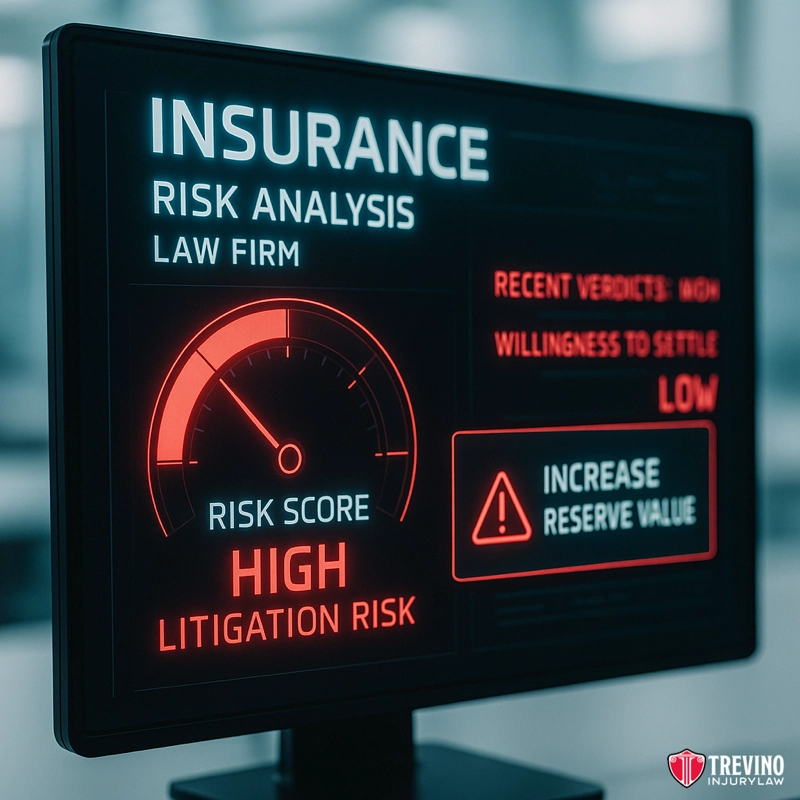 How Insurance Companies Track If an Attorney Can Help You Win. A computer screen displays an insurance risk analysis for a San Antonio law firm. The gauge shows high litigation risk, referencing slip and fall accident cases. Text indicates "increase reserve value," with the Trevino Injury Law logo visible.