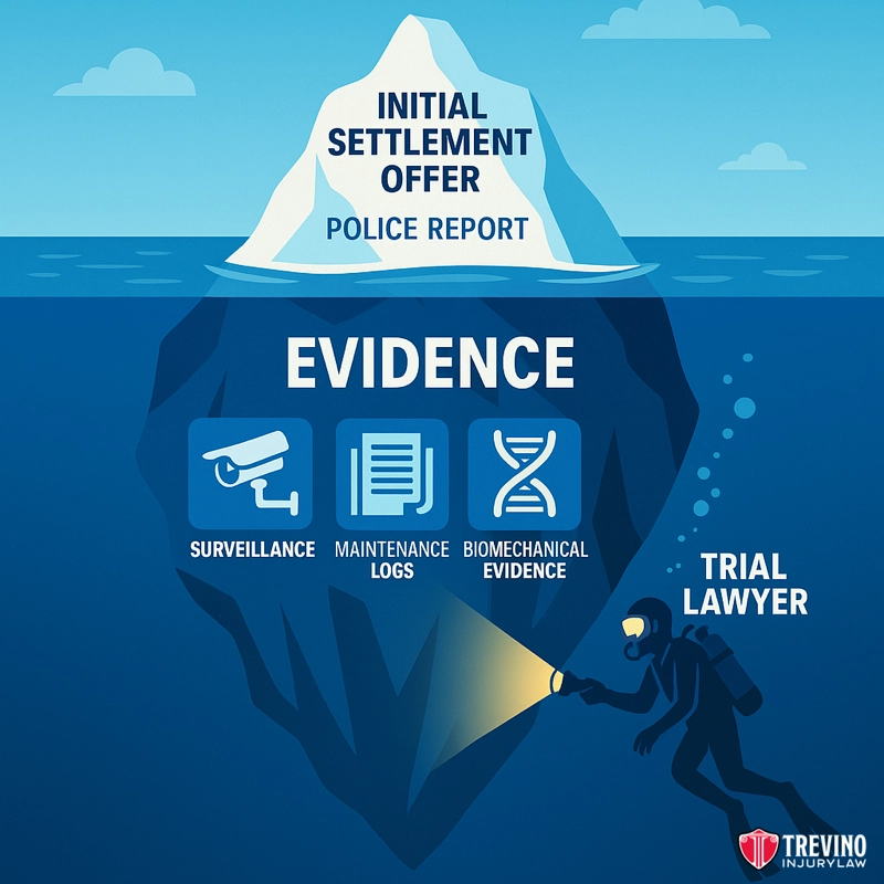 Identifying Liable Parties Through Formal Discovery and Depositions. A diver labeled “Trial Lawyer” shines a light underwater at an iceberg’s large hidden section marked “Evidence” in a San Antonio slip and fall accident, revealing surveillance, maintenance logs, and biomechanical evidence concealed beneath the initial report.