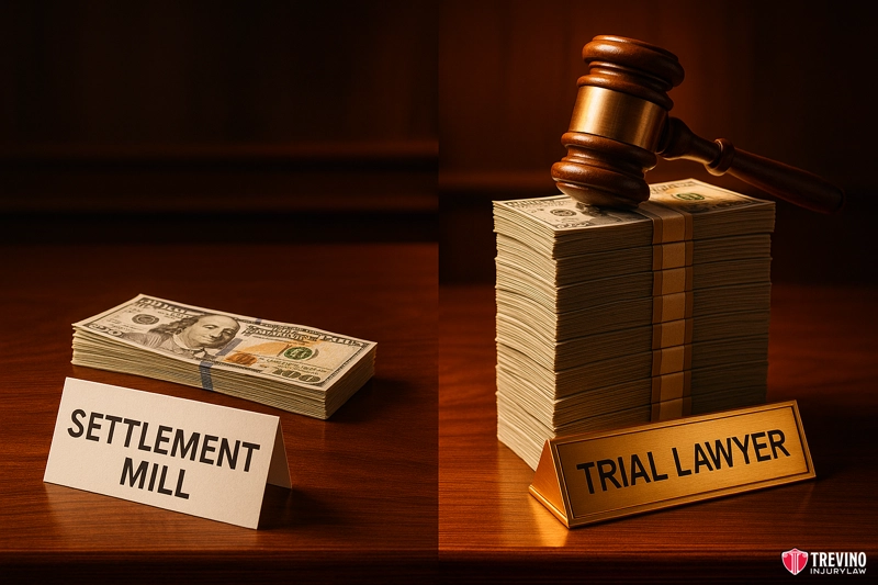 Is It Worth Paying a Higher Fee for a Trial Lawyer?. A stack of hundred-dollar bills labeled "SETTLEMENT MILL" sits beside a larger stack labeled "TRIAL LAWYER," topped with a judge’s gavel—highlighting the difference a San Antonio trial lawyer can make in slip and fall accident settlements. Trevino Injury Law logo is in the corner.