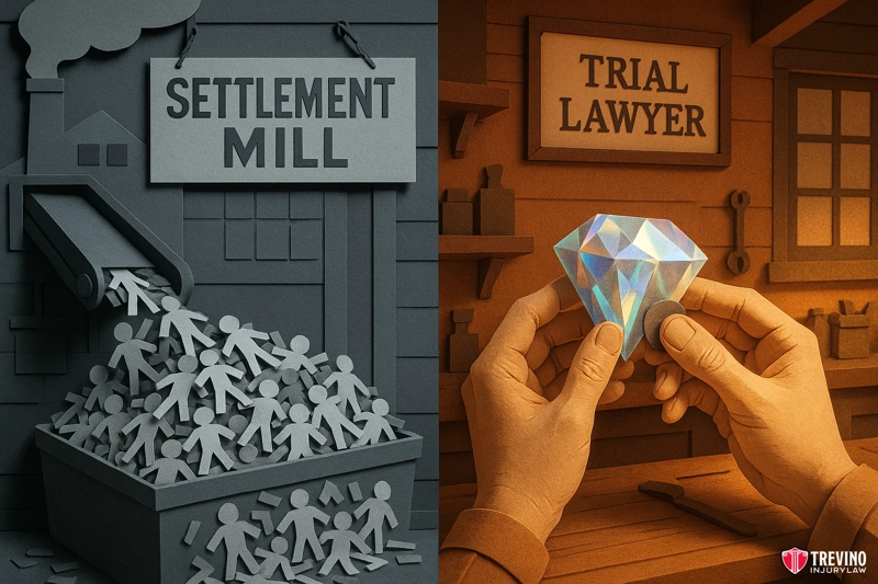 What Is the Difference Between a Trial Lawyer and a Settlement Mill?. The image is split in two. On the left, faceless cutout people pour from a “Settlement Mill” machine. On the right, hands carefully hold a sparkling diamond labeled “San Antonio Trial Lawyer,” highlighting mass processing vs. personalized care.