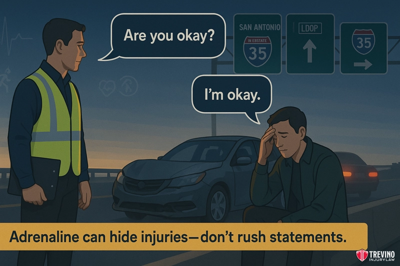 Why Do I Feel Fine After Being Hit by a Drunk Driver?. A man in a safety vest asks "Are you okay?" to a seated man holding his head after a drunk driving accident on a San Antonio road at dusk. Text below reads: "Adrenaline can hide injuries—don’t rush statements." Trevino Injury Law logo is visible.