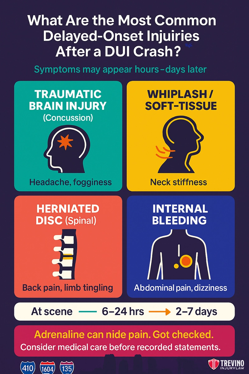 What Are the Most Common Delayed-Onset Injuries After a DUI Crash?. Infographic titled “What Are the Most Common Delayed-Onset Injuries After a San Antonio drunk driving accident?” showing four boxes: traumatic brain injury, whiplash/soft-tissue, herniated disc, and internal bleeding—plus symptoms and injuries to check for over time.