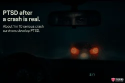 What Emotional or Psychological Symptoms Should I Watch For?. A dark, rainy car interior at night in San Antonio; the time on the dashboard shows 3:17. A person’s eyes are tense in the rearview mirror. Text: "PTSD after a drunk driving accident is real. About 1 in 10 serious crash survivors develop PTSD.