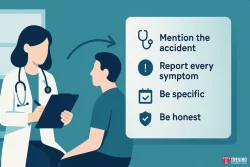 What Should I Tell My Doctor After a Drunk Driving Accident?. An illustration shows a doctor holding a clipboard, speaking to a seated patient with injuries. Beside them, tips like “Mention the accident” and “Report every symptom” appear, highlighting steps after a San Antonio drunk driving accident. Trevino Injury Law logo in the corner.