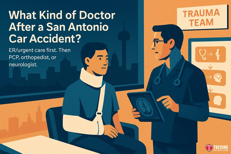 What Kind of Doctor Should I See After a Texas Car Accident?. Illustration of a doctor with a clipboard talking to a patient with an arm in a sling. Medical icons and “TRAUMA TEAM” sign appear behind them. Text reads: “What Kind of Doctor After San Antonio Car Accident Injuries?”.