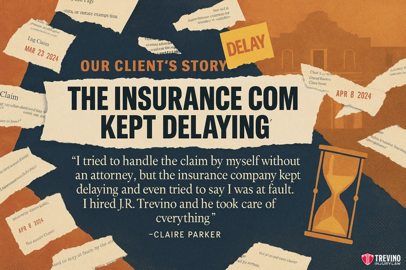 Our Client's Story: "The Insurance Company Kept Delaying". Scraps of paper with denied insurance claims and dates surround bold text: "The insurance com kept delaying." Above, a "DELAY" stamp appears. Below is a San Antonio testimonial about hiring J.R. Trevino for help after serious injuries. An hourglass and Trevino Injury Law logo are visible.