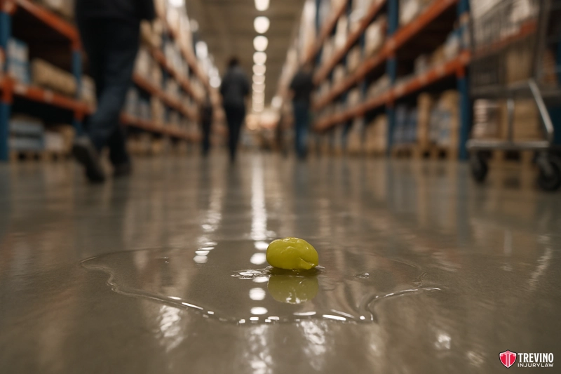 Why Are Grocery and Retail Stores Common Sites for a Slip and Fall Accident?. A single green grape is crushed and leaking juice on a shiny warehouse aisle floor. The image, taken in San Antonio, emphasizes the potential for slip and fall accidents, with blurred shoppers and shelves in the background. A shopping cart is visible to the right.