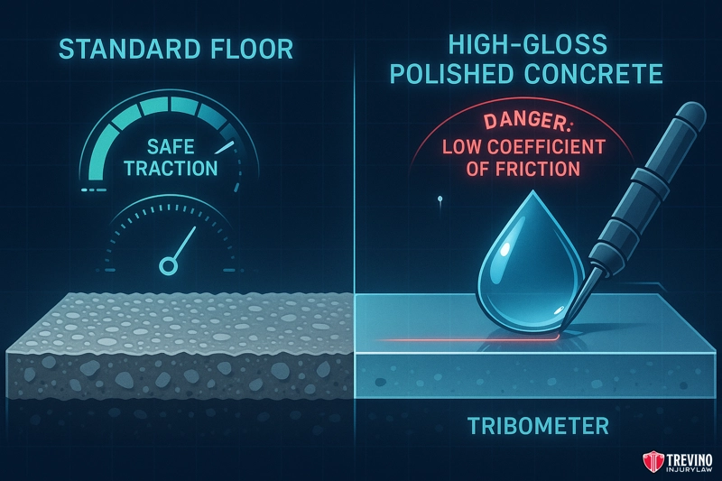 How Does Polished Concrete Contribute to Retail Falls?. A split image compares a rough standard floor with high traction on the left to a smooth high-gloss polished concrete floor tested by a tribometer and a water droplet, warning: “Danger: Low coefficient of friction — slip and fall accidents.” San Antonio’s Trevino Injury Law logo appears at the bottom right.