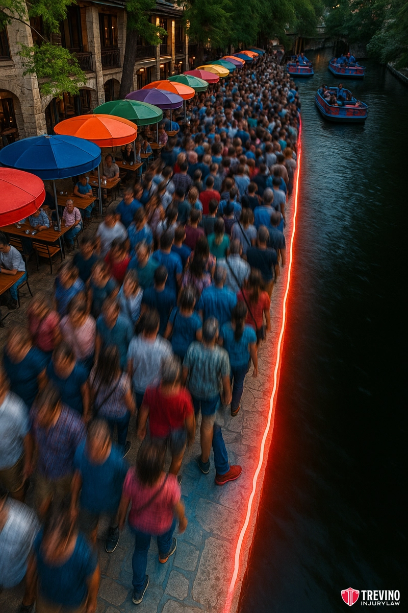 What Makes the San Antonio River Walk a High-Risk Zone?. A crowd of people walks along a San Antonio riverside path lined with colorful umbrellas and outdoor seating. A glowing red line separates the crowd from the river, where boats float by, as trees and buildings border this lively scene.