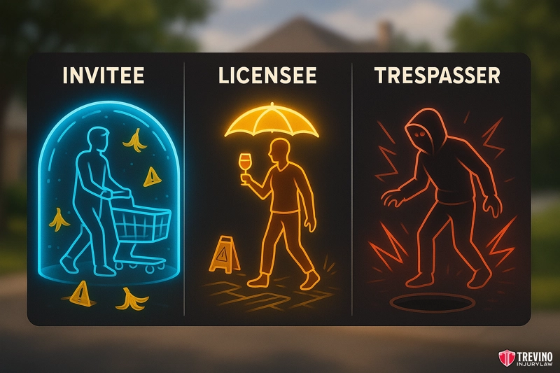 How Does the Duty of Care Differ for an Invitee, Licensee, and Trespasser?. A graphic compares three legal terms for a San Antonio premises liability lawyer: “Invitee” (grocery shopper shielded from banana peels), “Licensee” (umbrella and wine, passing warning sign), and “Trespasser” (hooded figure falling into a hole).
