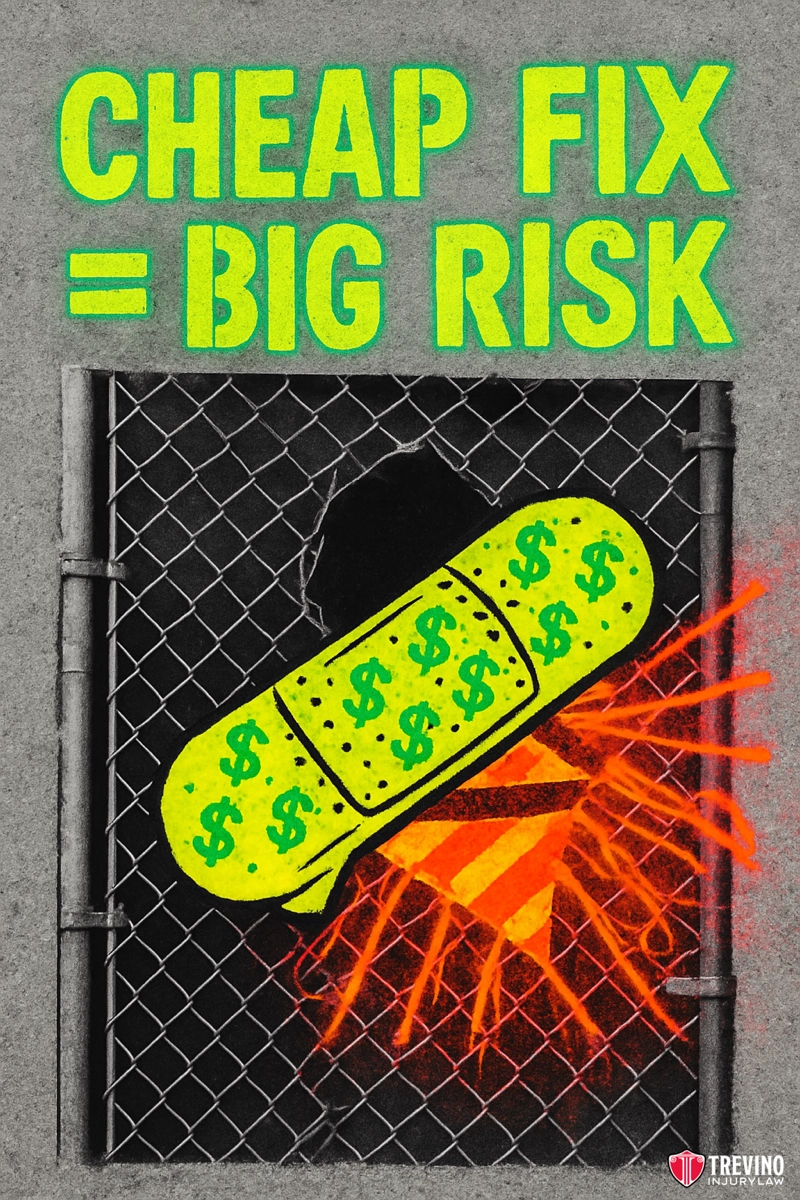 Can You Sue for Negligent Security as a Type of Premises Liability Claim in San Antonio?. A person behind a chain-link fence has their arm wrapped in a large yellow bandage with dollar signs. Fiery red lines radiate from the arm, suggesting pain. Bold green text above reads: “CHEAP FIX = BIG RISK.” San Antonio Premises Liability Lawyer logo at bottom right.