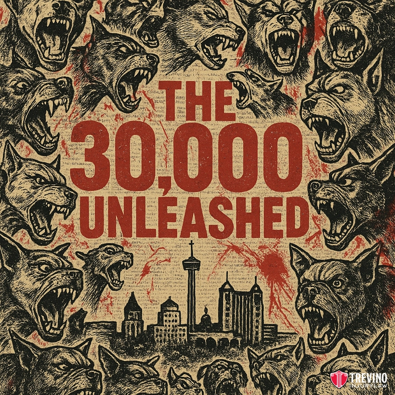 Who Is Responsible for a Dog Bite in San Antonio?. A graphic featuring snarling, black-and-white wolf heads surrounding bold red text that reads "THE 30,000 UNLEASHED" above a black San Antonio city skyline with a tall tower. Red splatters fill the background and the lower right displays a small “Trevino” premises liability lawyer logo.