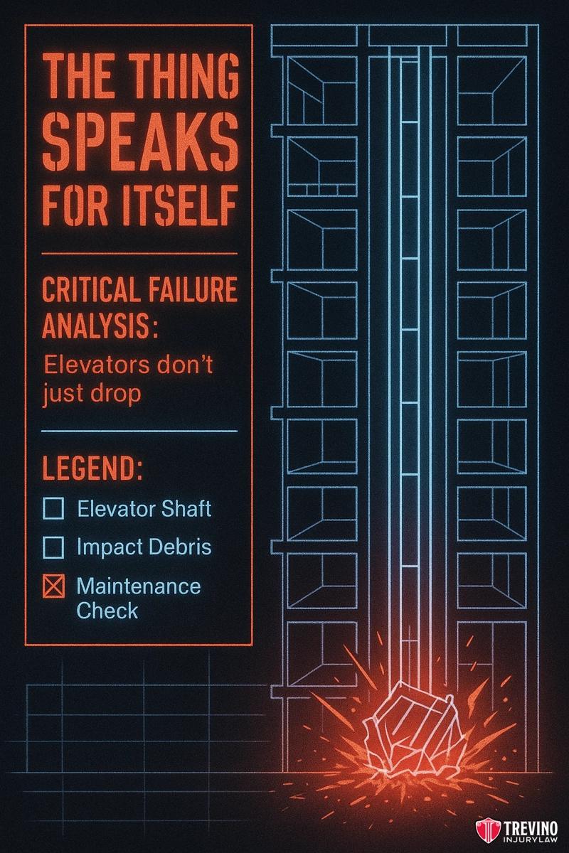 How Do Falling Objects Cause Common Premises Liability Injuries?. Infographic showing a diagram of an elevator shaft, with highlighted impact debris at the bottom. Text reads: “THE THING SPEAKS FOR ITSELF. Critical failure analysis: Elevators don’t just drop.” Useful for San Antonio premises liability lawyer review.