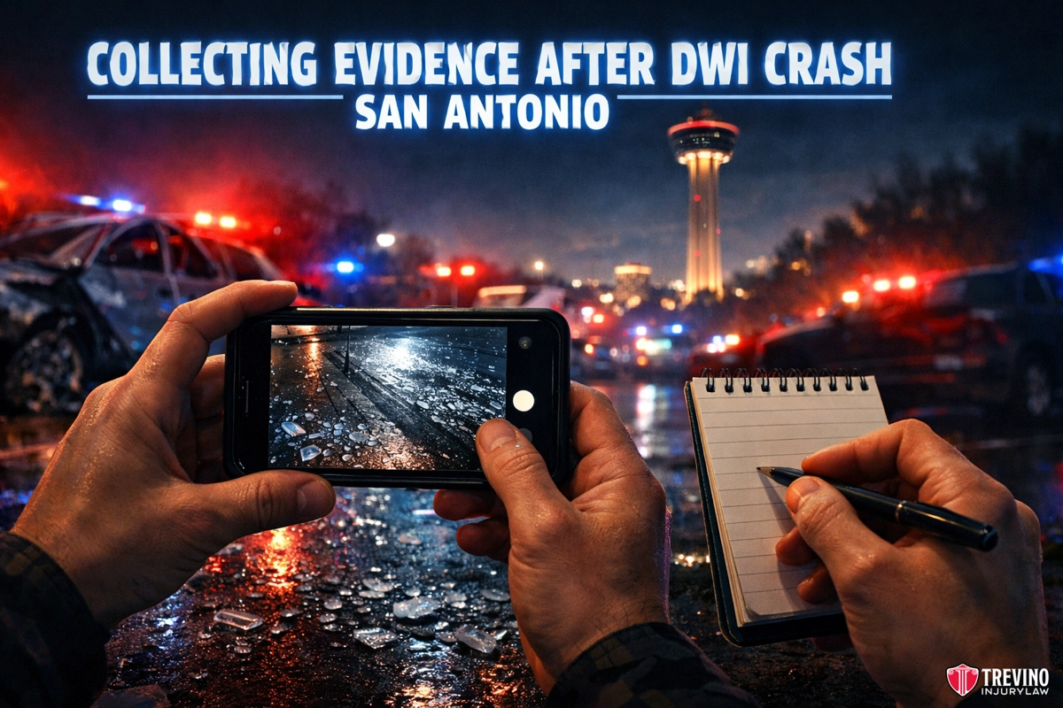 Collecting evidence after DWI crash in San Antonio. A person photographs shattered glass on a wet road with their phone and takes notes on a pad. Police cars with flashing lights and the San Antonio Tower are visible in the rainy night scene. Text reads: "Collecting evidence after DWI crash San Antonio.