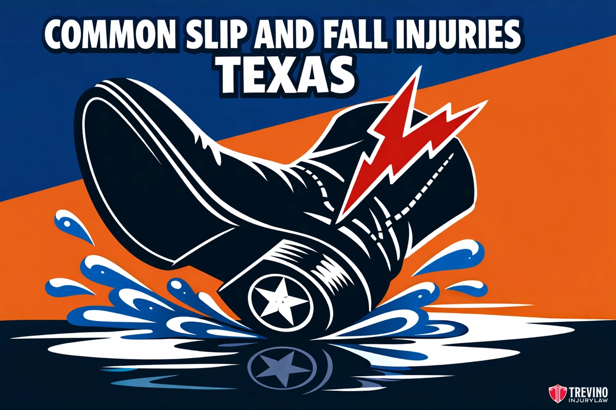 Common Slip and Fall injuries in Texas. A stylized illustration of a black boot slipping on a wet surface with blue splashes and a red zigzag mark near the ankle. Bold text reads "Common Slip and Fall Injuries Texas." Trevino Injury Law logo appears at the bottom right.
