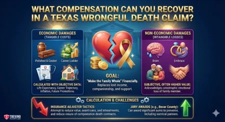 Compensation can you recover in a texas wrongful death. Infographic titled "What Compensation Can You Recover in a Texas Wrongful Death Claim?" shows two broken heart halves around a house. It explains economic and non-economic damages, plus calculation tips—vital info if you need a San Antonio Wrongful Death Lawyer.