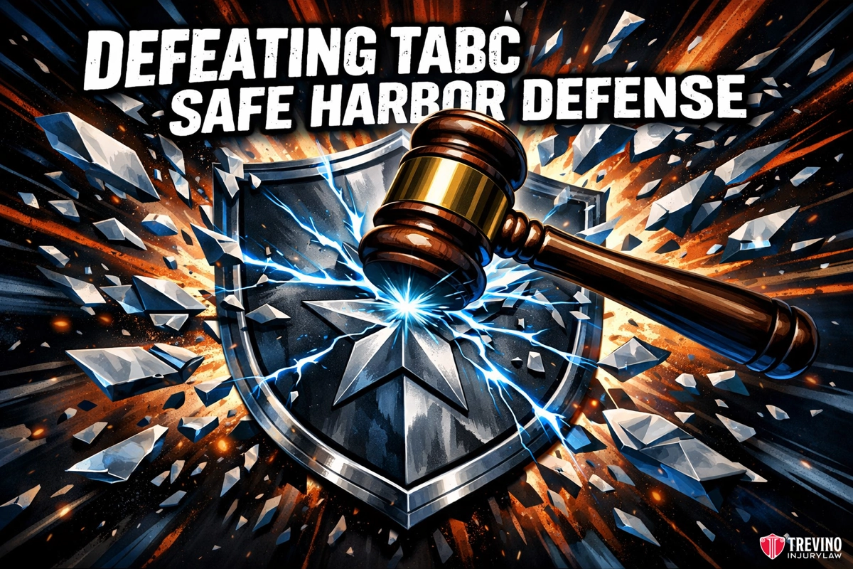Defeating TABC Safe Harbor Defense. A large gavel smashes a shield, shattering glass around them. Bold white text reads "Defeating TABC Safe Harbor Defense." The bottom right corner displays the Trevino Injury Law logo with a red and white shield icon.