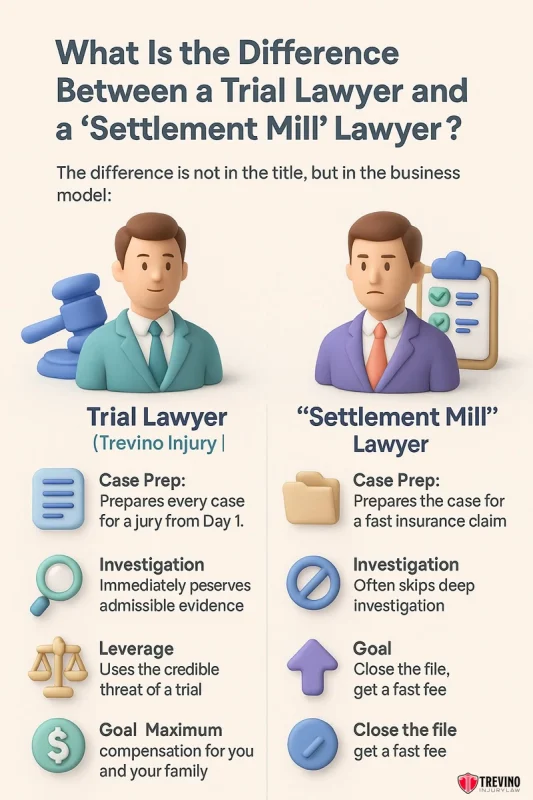 Difference-Between-a-trial-lawyer-and-a-settlement-Mill Settlement mill” lawyers. Left: Trial lawyer (man in blue suit), prepares for jury, thorough investigation, aims for max compensation. Right: Settlement mill lawyer (man in brown suit), aims for fast settlement, skips deep investigation.