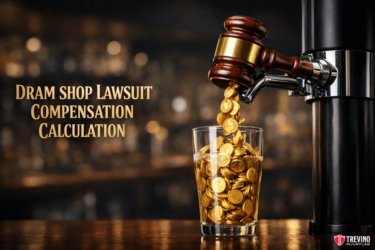 Dram shop law compensation calculation. A glass overflows with gold coins dispensed from a beer tap topped with a judge’s gavel. The background is blurred and bar-like. Bold text at left reads, “Dram shop Lawsuit Compensation Calculation.” Trevino Injury Law logo appears at lower right.