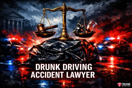 Drunk driving accident lawyer San Antonio. A dramatic image shows a golden justice scale atop a pile of wrecked metal, with a gavel on one side and a drink with car keys on the other. Police cars with flashing lights are in the background. Bold text reads “Drunk Driving Accident Lawyer.”.