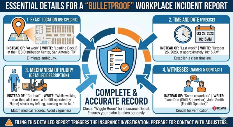 Essential details for a bulletprood workplace incident. Infographic titled “Essential Details for a ‘Bulletproof’ Workplace Incident Report,” listing what to do after work accident in San Antonio: give exact location, precise date/time, detailed injury mechanism, and witness names for accurate records.