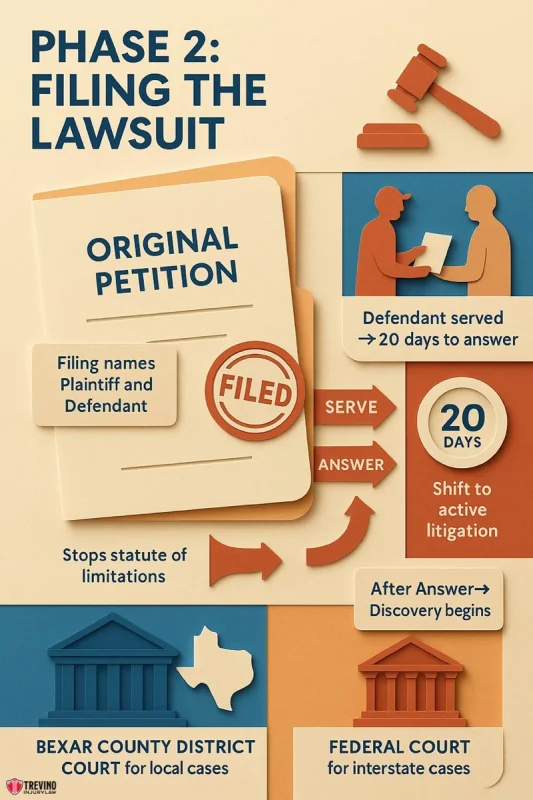 Filing the lawsuit. nfographic titled "Phase 2: Filing the Lawsuit" outlines steps in San Antonio personal injury litigation: filing an original petition, serving the defendant (20 days to answer), and moving to active litigation, with icons for courts and a “filed” stamp.