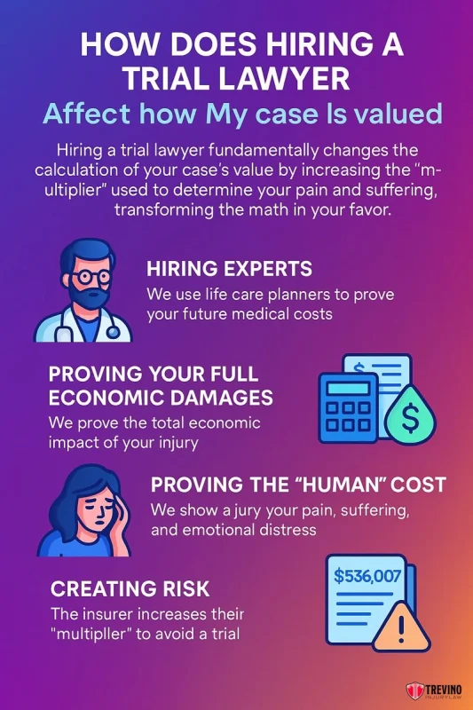 How Does Hiring a Trial Lawyer Affect how My Case Is Valued" explains that hiring a lawyer can increase damages awarded by hiring experts, proving economic and human costs, and creating risk for insurers. Includes icons for each point and uses pink-purple gradients.