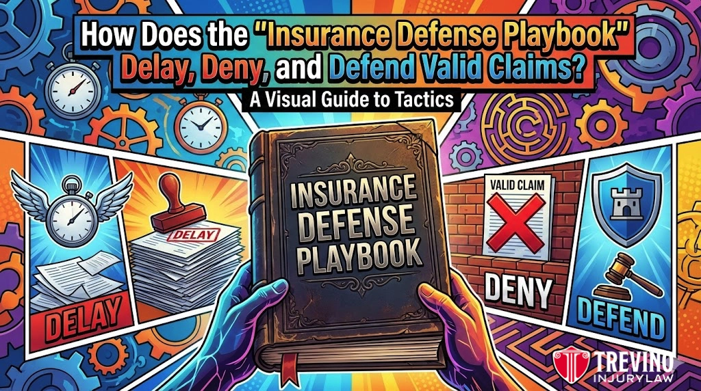 How-Does-the-Insurance-Defense-Playbook-Delay-Deny-and-Defend-Valid-Claims. A colorful comic-style image titled "How Does the ‘Insurance Defense Playbook’ Delay, Deny, and Defend Valid Claims?" shows a hand holding the "Insurance Defense Playbook," surrounded by vivid icons for "DELAY," "DENY," and "DEFEND"—and the Trevino Injury Law logo.