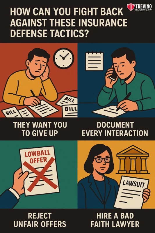 How Can You Fight Back Against These Insurance Defense Tactics?” shows four scenes: a worried man with bills, a man on the phone taking notes, a hand rejecting a “Lowball Offer,” and a woman holding documents beside a courthouse.