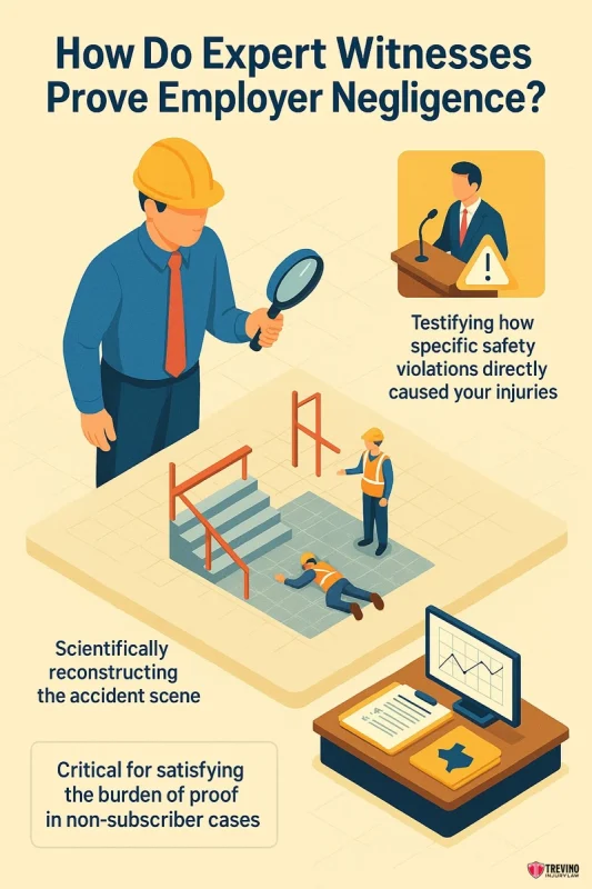 How Do Expert Witnesses Prove Employer Negligence. An illustration showing a worker with a magnifying glass inspecting a work injury case scene, a witness testifying in court, and a computer displaying legal data, highlighting how experts build employer negligence claims in San Antonio workplaces.