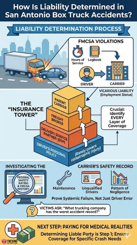 Liability Determined in San Antonio Box Truck Accidents. Infographic explains liability in San Antonio box truck accidents. Shows a crash, insurance layers (driver, carrier, broker), and steps: FMCSA violations, investigating cause, medical care—highlighting when to consult a Box Truck Accident Lawyer.