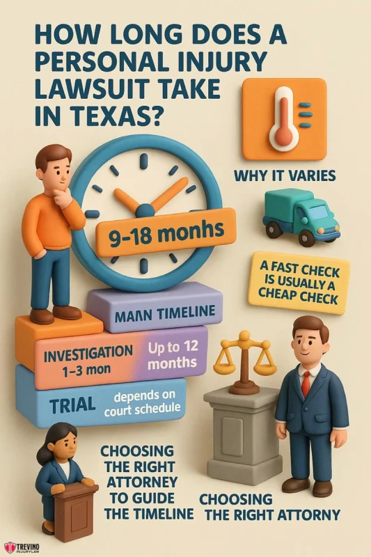 Personal Injury Lawsuit Take in Texas. Infographic titled "How Long Does a Personal Injury Lawsuit Take in Texas?" shows a large clock, gavel, scales, and people. Key points: from accident to verdict takes 9–18 months; the litigation process includes investigation and trial; attorney choice matters.