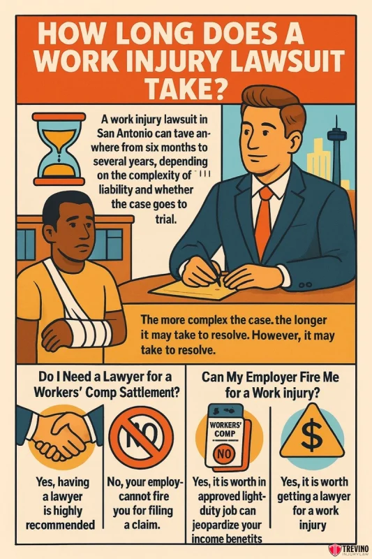 How long does a work injury lawsuit take. An illustrated infographic explains how long work injury lawsuits take, featuring a San Antonio worker with a sling talking to a Work Accident Lawyer across a desk. Text answers common questions about settlements, employer liability, and legal help with clear icons.
